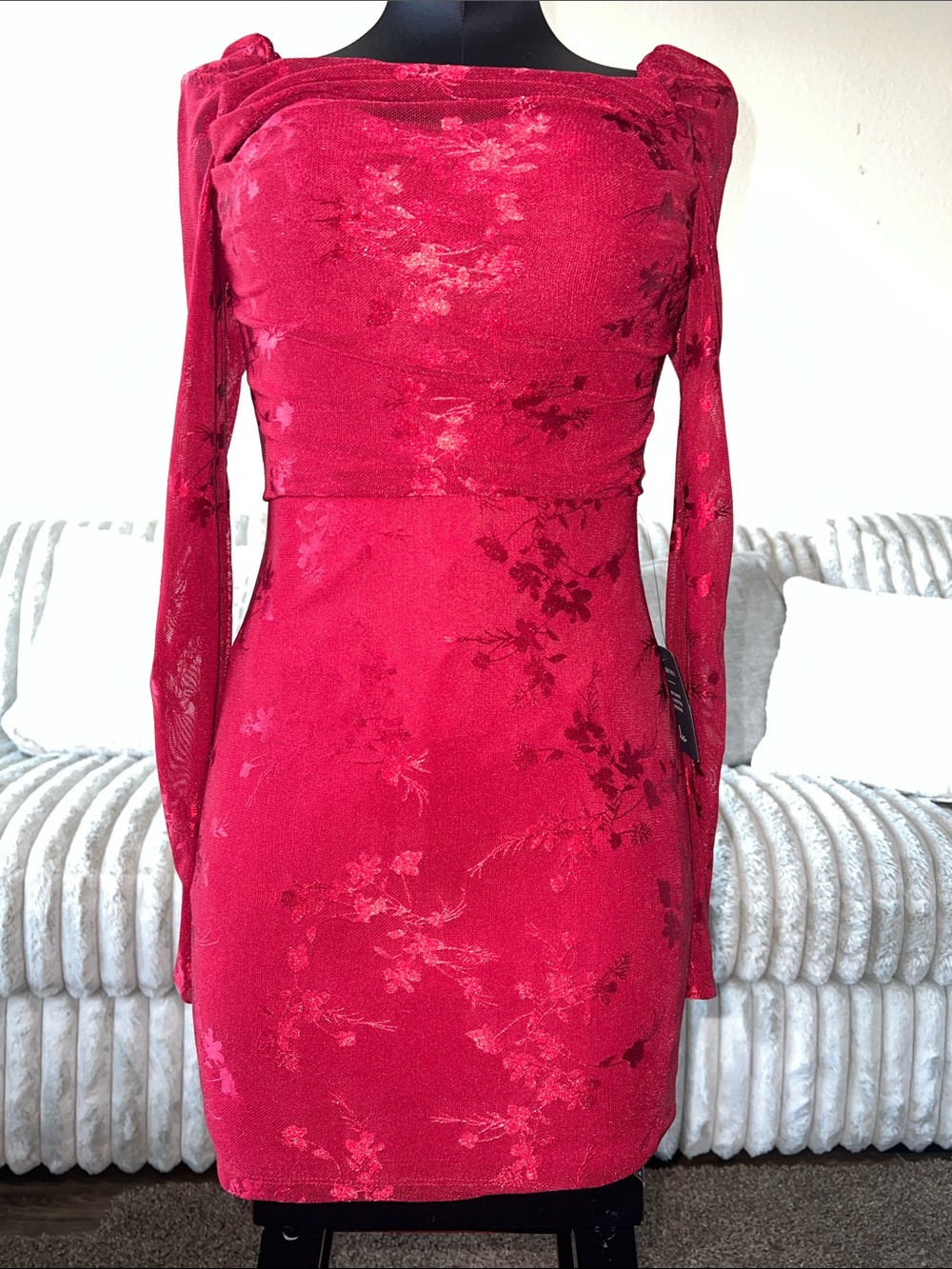 Lulu's Crimson Floral Long-Sleeve Bodycon Dress